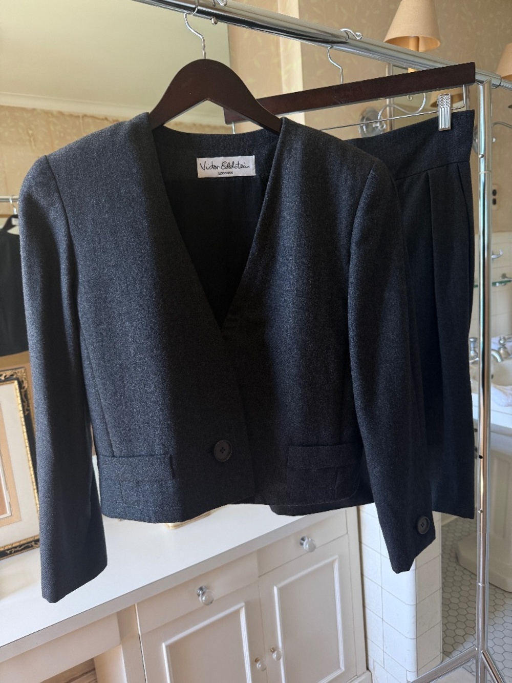 Vintage Victor Edelstein London Charcoal Wool Skirt Suit